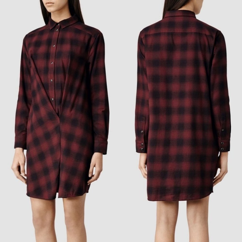 All Saints Kayla Plaid Shirt Dress‎ Womens Size 2 Flannel Cotton Draped Burgundy